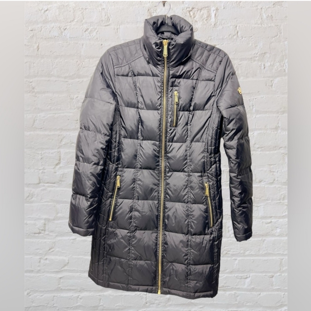 MK Michael Kors black puffer long fitted winter jacket sz small full zip